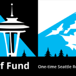 Stylized blue and black graphics featuring a Coast Salish totem pole, the Space Needle, and Mt. Rainier with the text encouraging eligible Seattle residents to learn more about the Seattle Relief Fund.