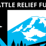 Stylized blue, white, and black graphics of the Space Needle and Mount Rainier with the words: "Seattle Relief Fund" at the top.