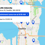 A screenshot of a Curative testing location map of Seattle, similar to the GoogleMaps interface. A text box features these words: "Seattle Pacific University, 315 Bertona St, Seattle, WA 98119, Next appointment: tomorroe at 8:30 AM >, RT-PCR test for COVID-19".
